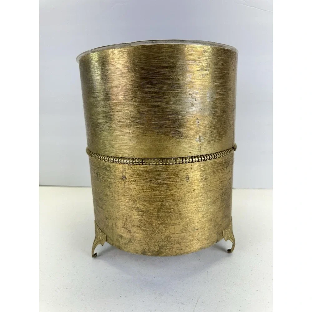 Vintage Hollywood Regency Gold Tone Metal Wastebasket W/ Acrylic Liner Footed